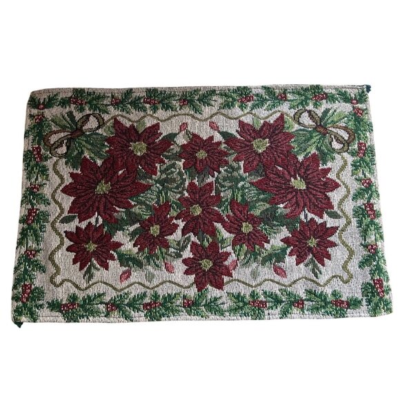 Vintage Red & Green Christmas Poinsettia Tapestry Placemat Set Of 4 - Picture 4 of 8